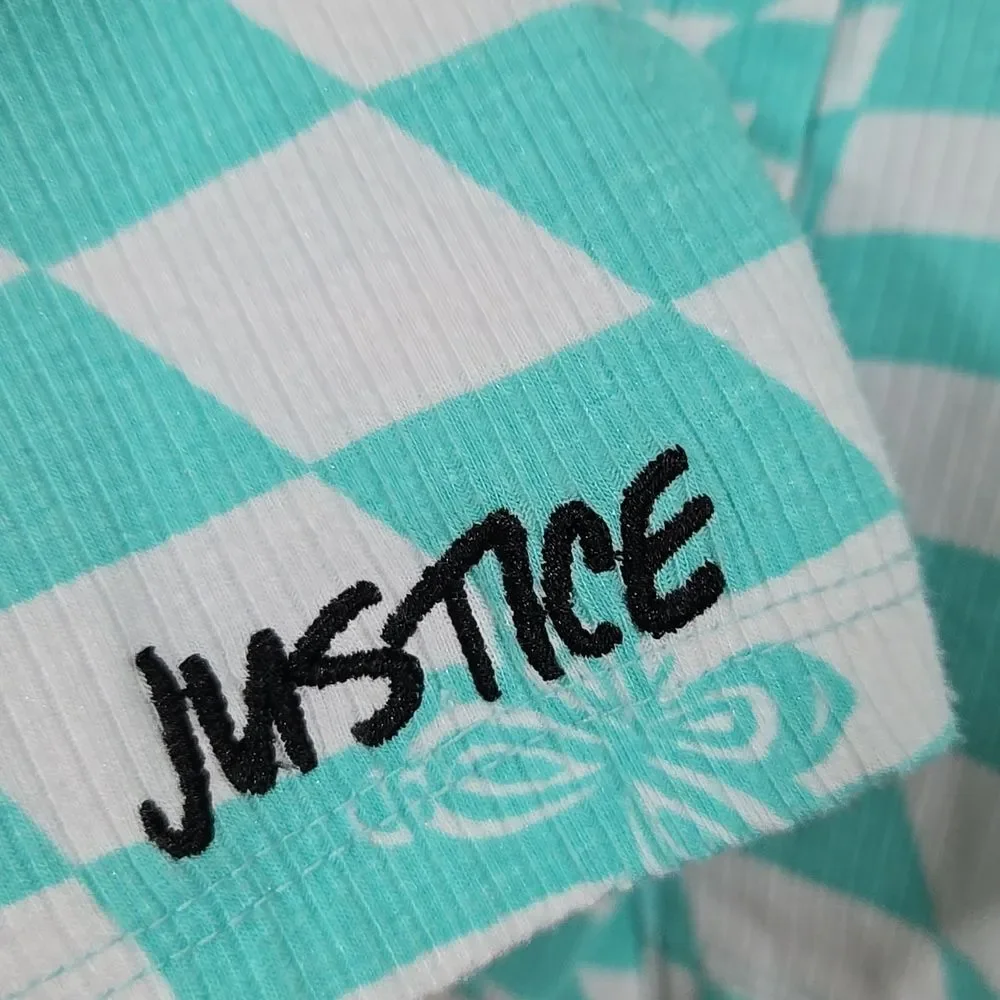 Justice Girls 7/8 Butterfly Checkered Ruched Top Seafoam Y2K Ribbed Button Front